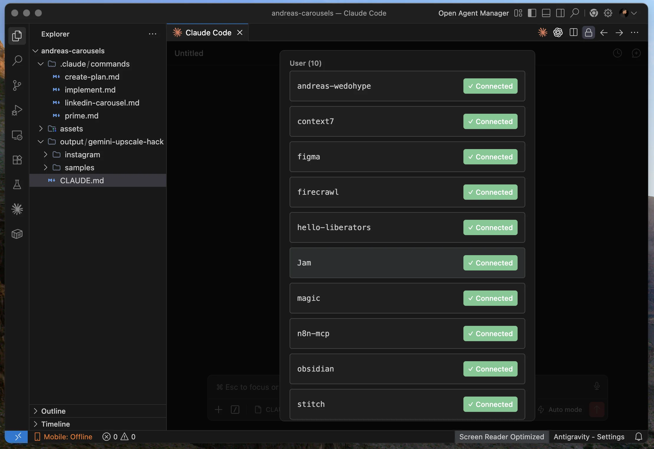 MCP list στο Antigravity με ενεργά servers, όλοι connected