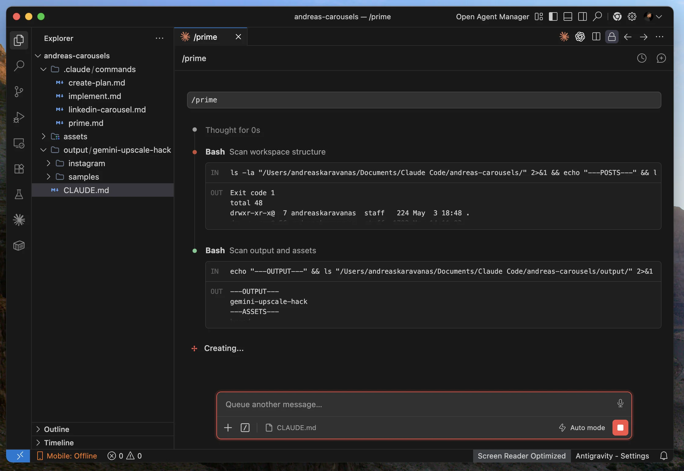 /prime εκτελείται στο andreas-carousels: Bash commands σκανάρουν workspace και output, μετά Creating