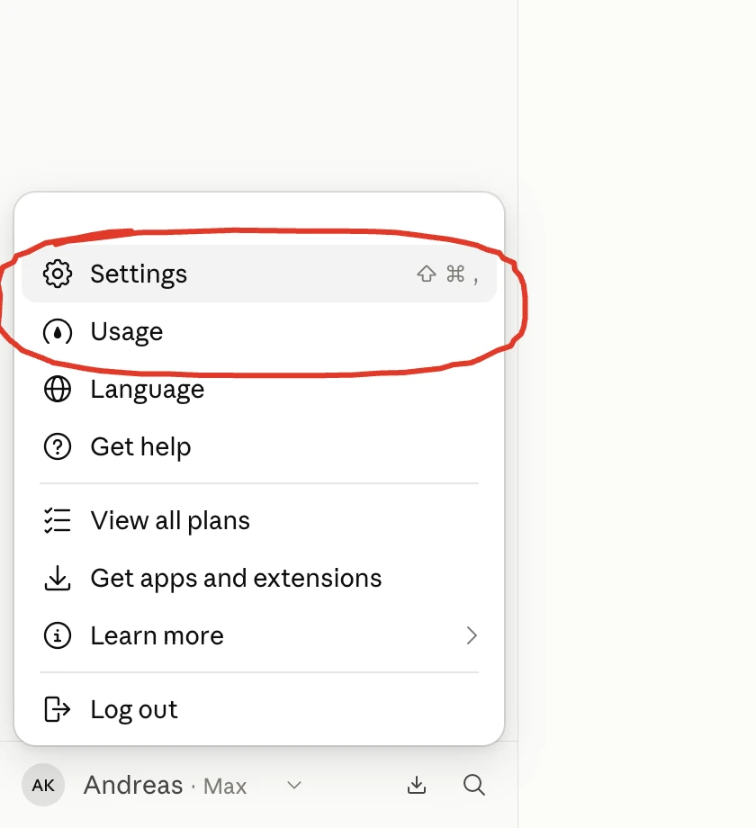 The Claude account menu with the Settings and Usage options