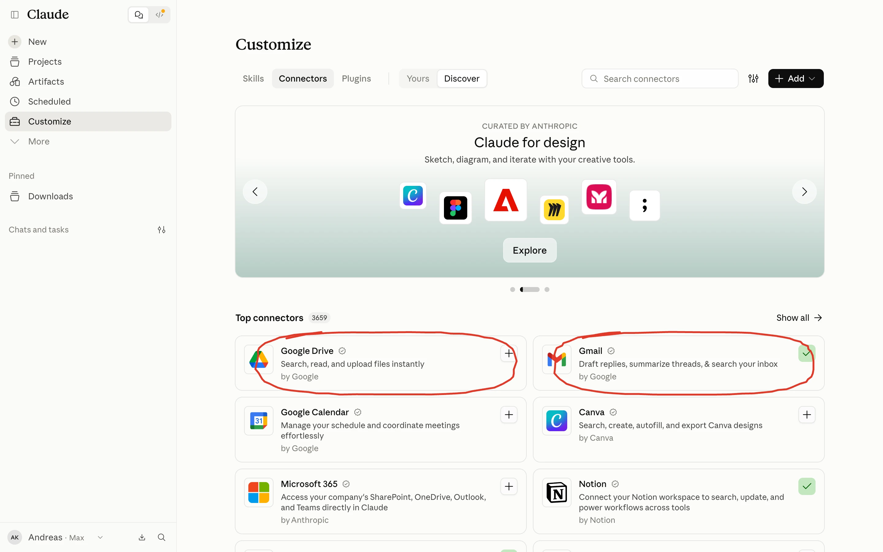 The Claude connectors page with Google Drive and Gmail at the top