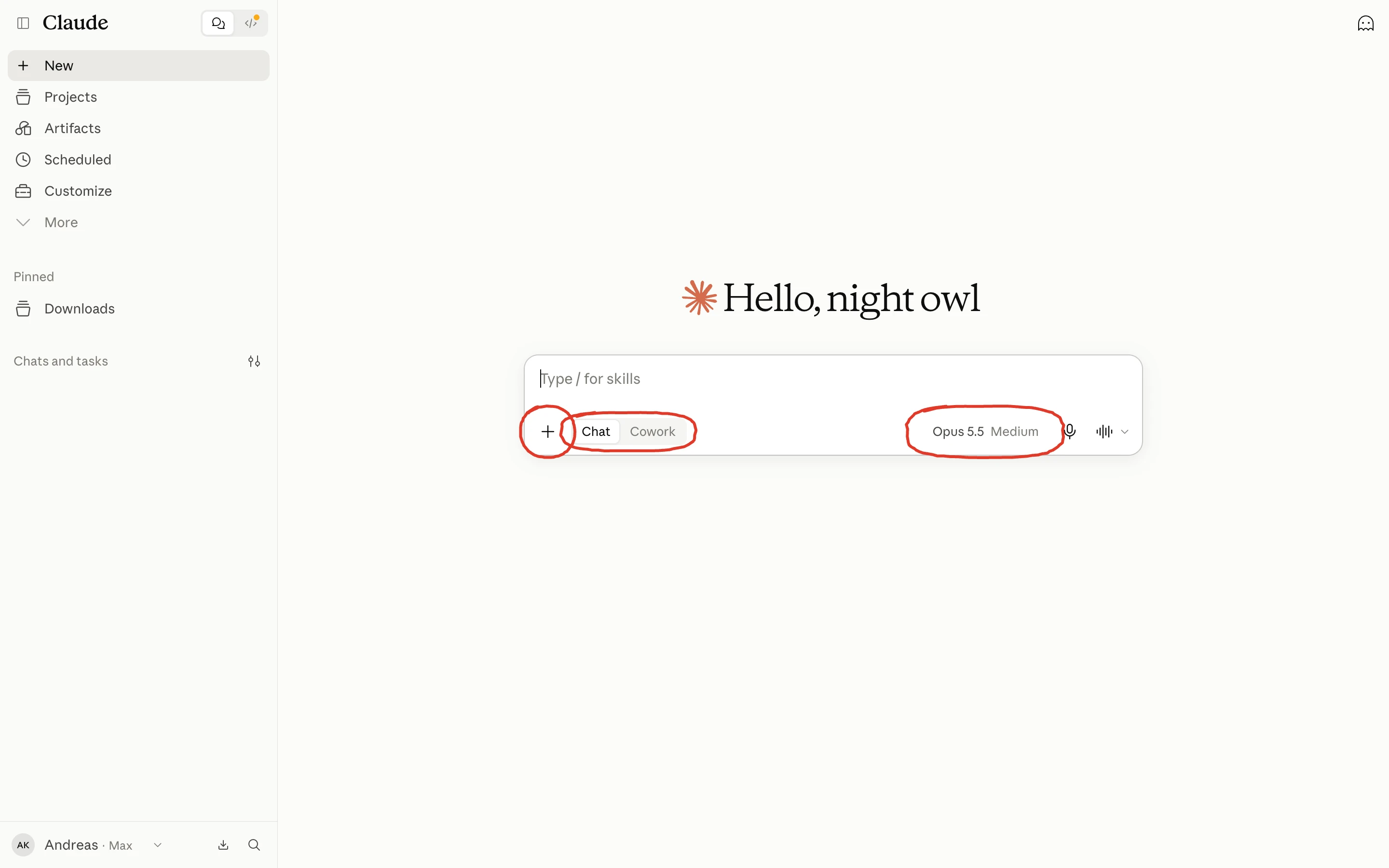 The Claude home screen with the message field, the Chat and Cowork switch and the model picker