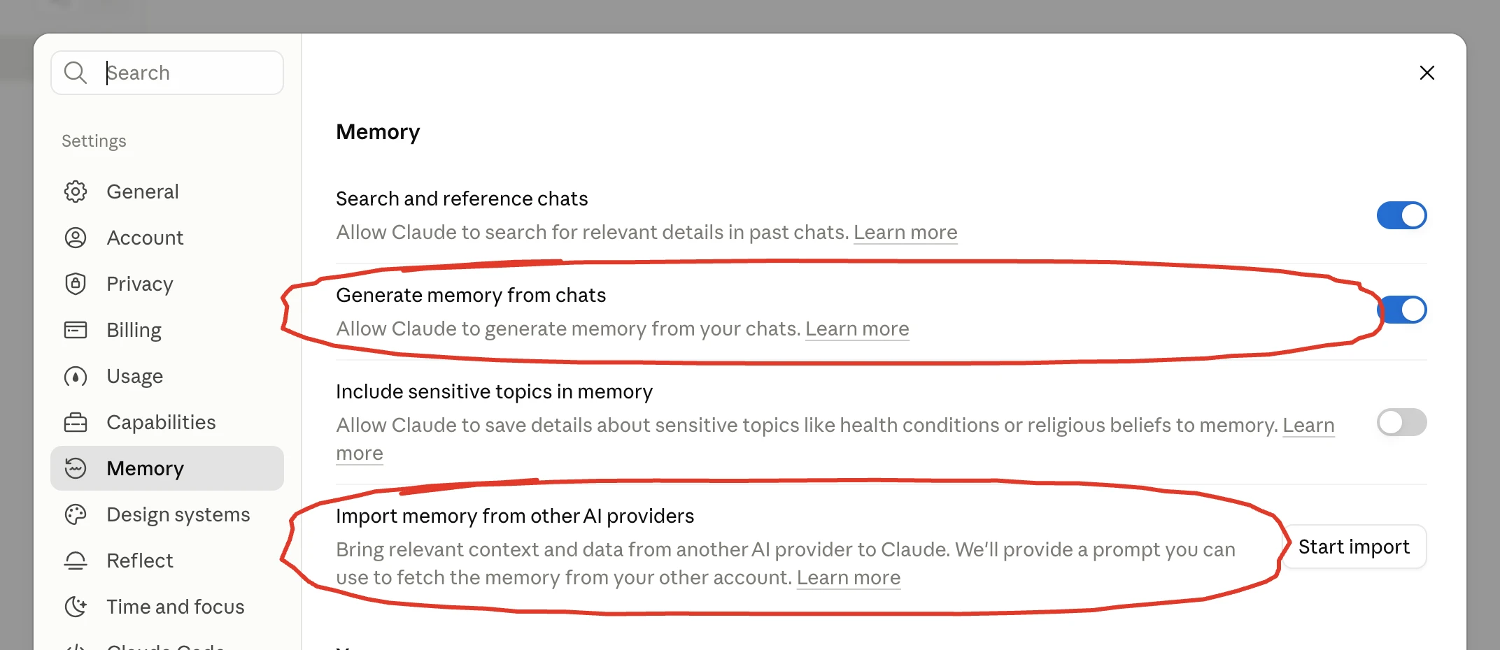 The Memory page in the Claude settings, with memory from chats and import from another AI