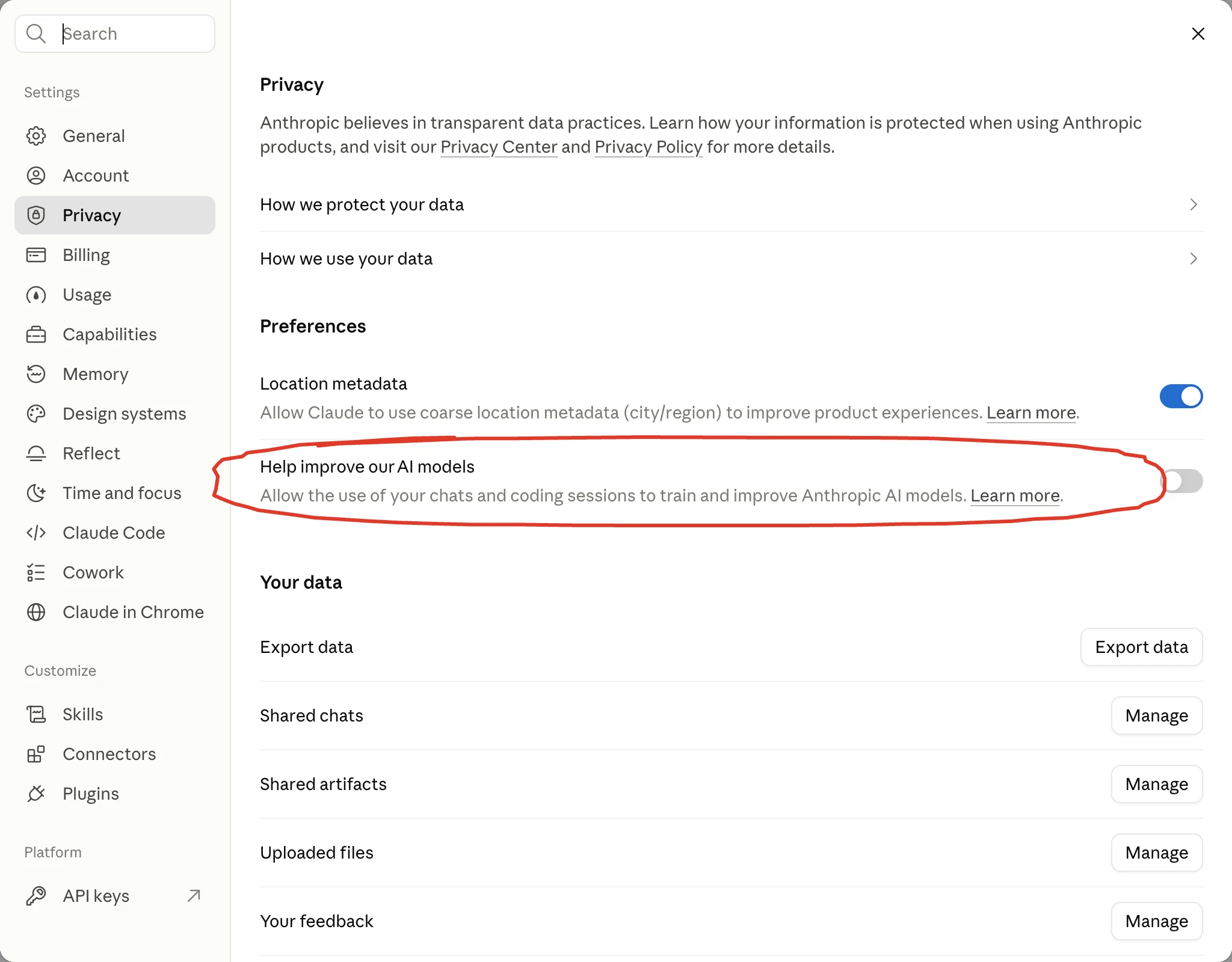 The Help improve our AI models setting in the Claude Privacy settings, switched off