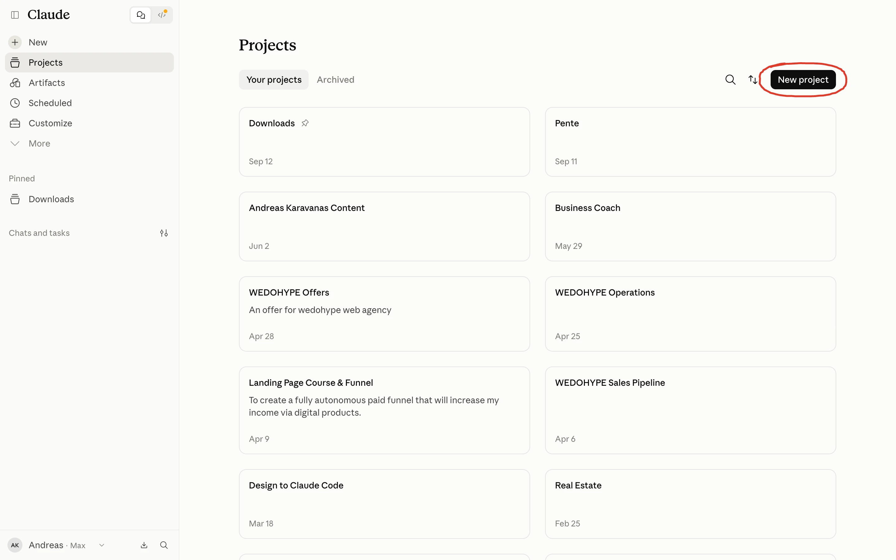 The list of projects in Claude and the New project button
