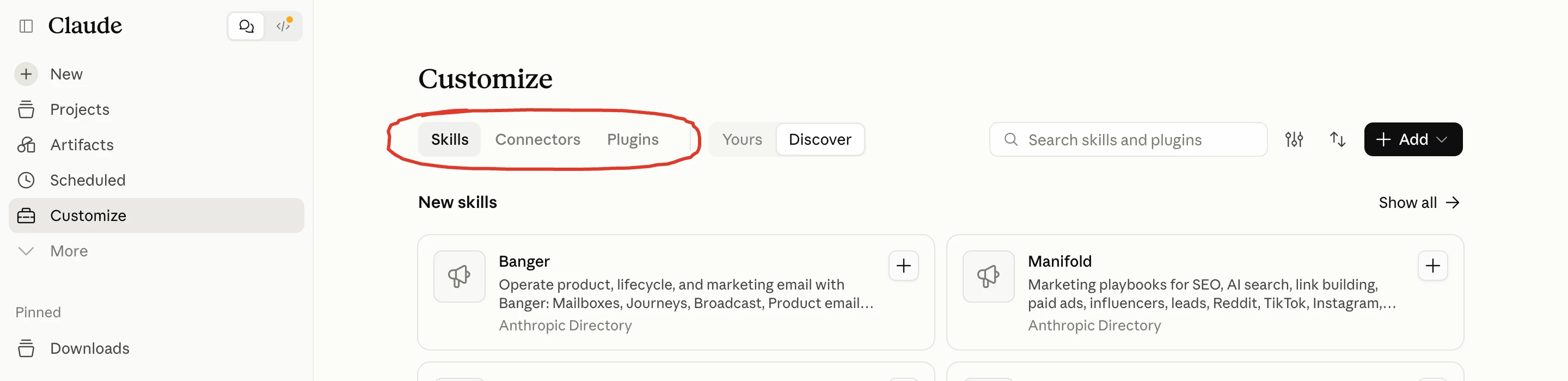 The Claude Customize page with the Skills, Connectors and Plugins tabs