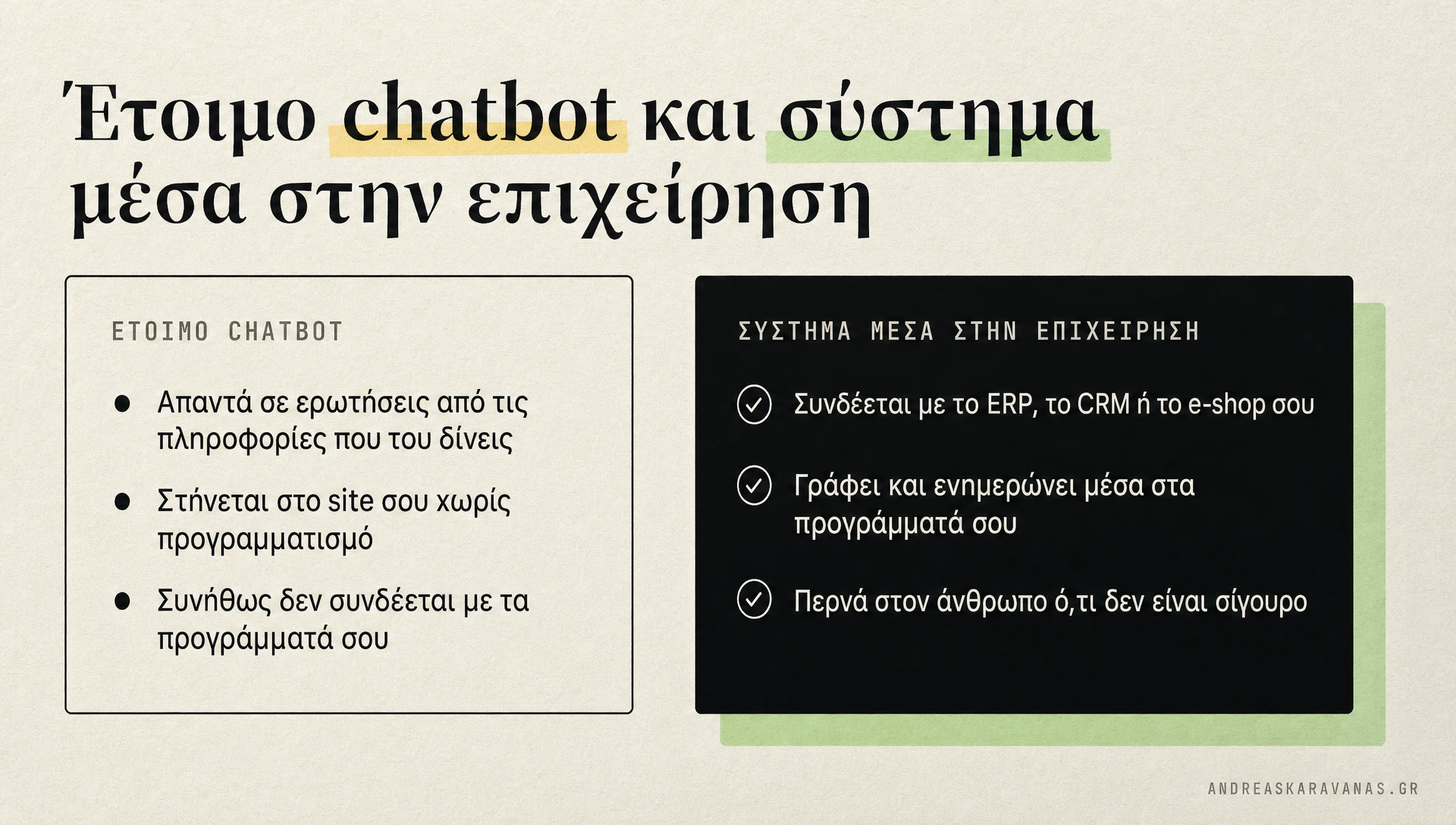 Σύγκριση ενός έτοιμου chatbot και ενός συστήματος AI μέσα στην επιχείρηση