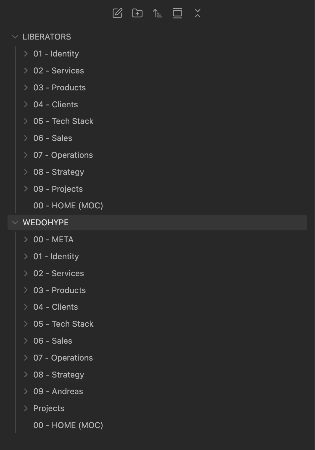Οι φάκελοι LIBERATORS και WEDOHYPE στο Obsidian με Identity, Services, Clients, Sales και Strategy