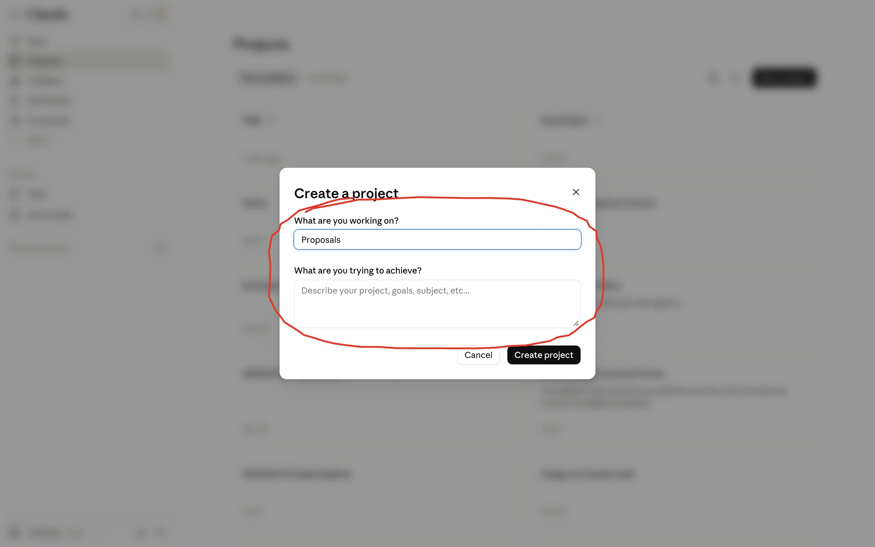 The Create a project form in Claude, with Proposals typed in the first field